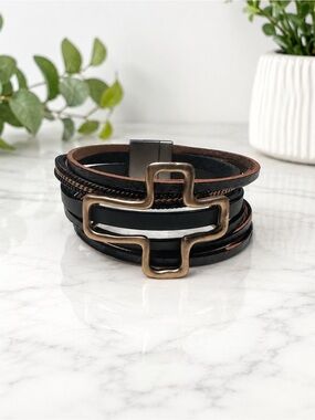 Multi-Strand Black Leather Bracelet with Gold Cross Accent